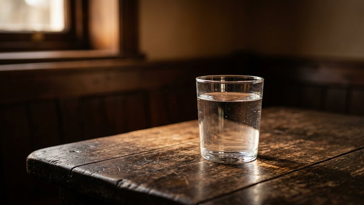Segelas air bening di atas meja kayu gelap dengan satu berkas cahaya hangat, melambangkan bahasa yang jernih