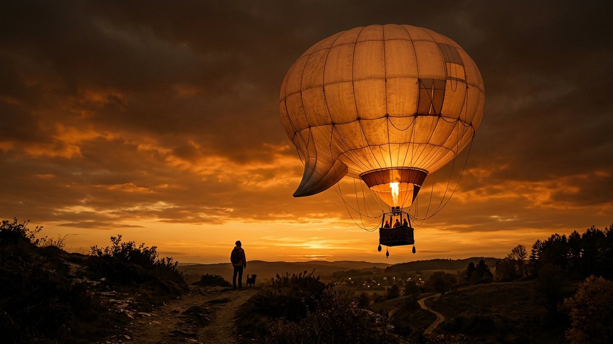 Balon udara raksasa berbentuk gelembung percakapan naik ke langit gelap, metafora kata yang membengkak