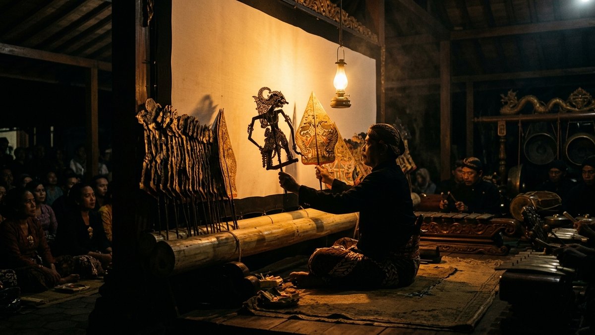 Siluet pendongeng tradisional di depan cahaya keemasan, melambangkan retorika besar dari pentas cerita lama